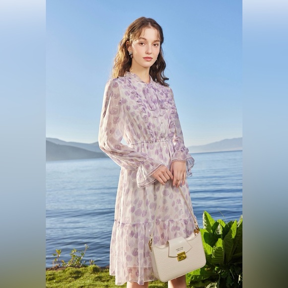 NWT Bow Tie Neck Floral Print Button Front Ruffle Hem A-line Dress Lilac Size S - Picture 5 of 16